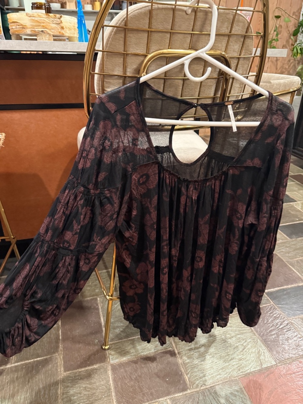 Free People Black Burgundy Floral Peasant Blouse